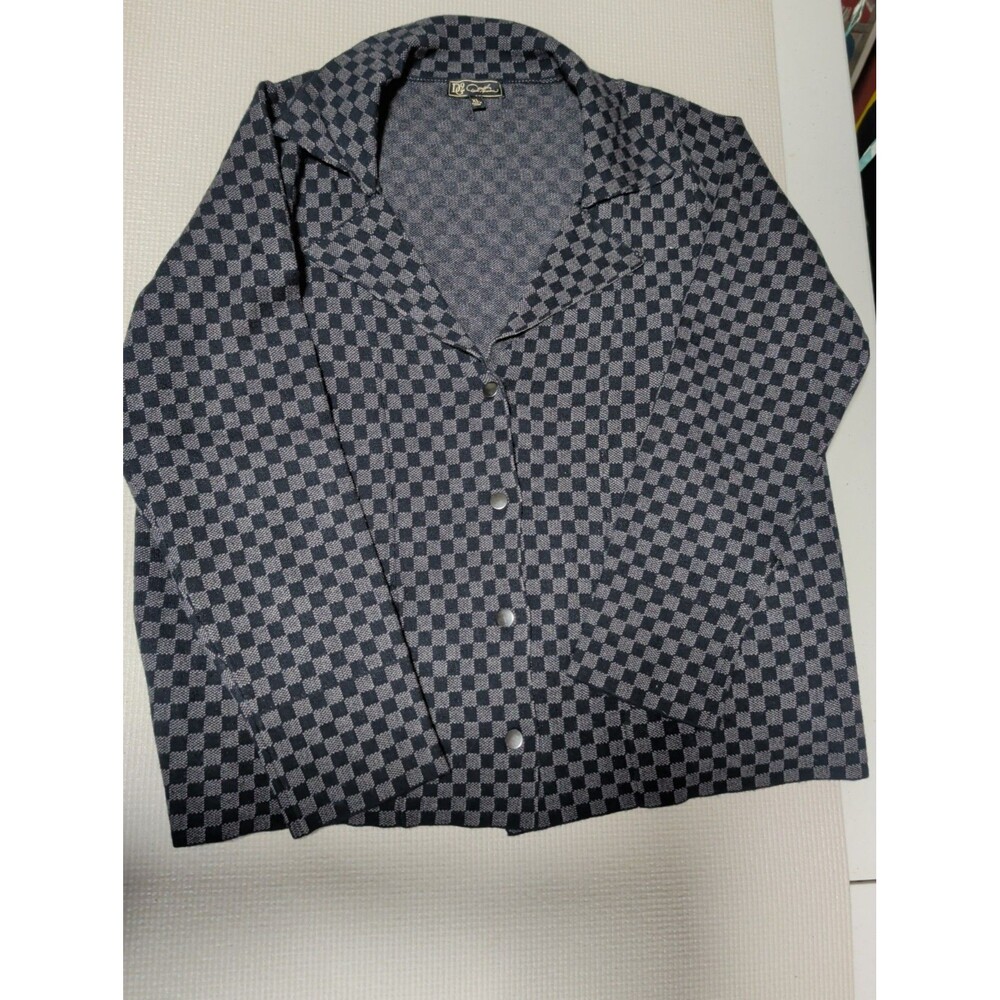 DG2 Diane Gilman Checkerboard Jacquard Knit Jacket Shirt Blazer Gray Black XL